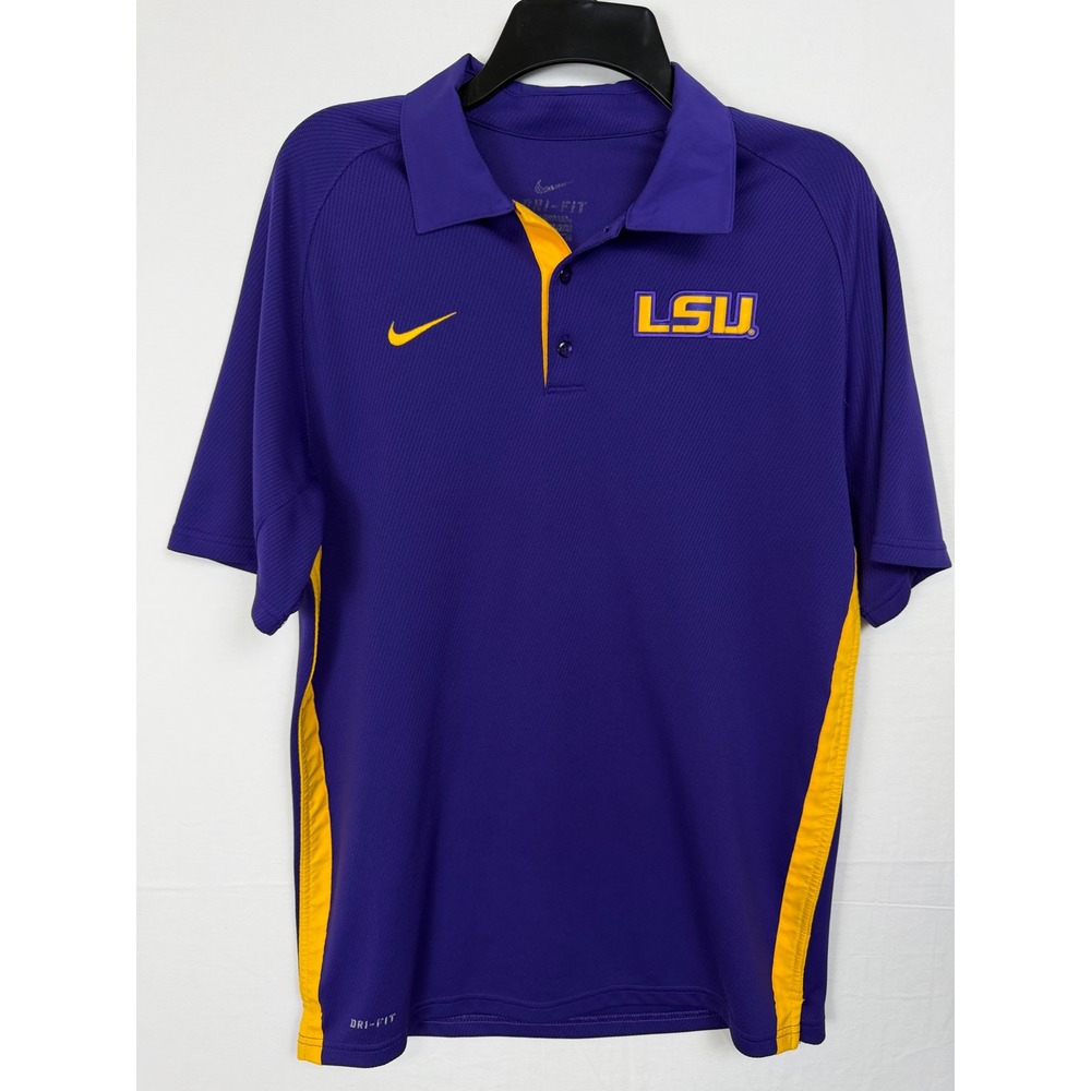 Nike Mens Polo Large Purple LSU Tigers Dri-Fit Short Sleeve Side Stripe NCAA